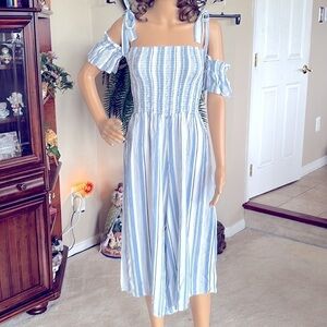 Ocean Drive Jumpsuit 100% Rayon Blue & White Striped Bow Ties Open Shoulder